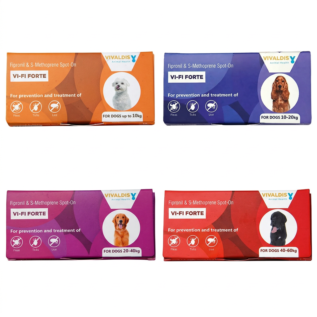 Vivaldis Vi-Fi Forte spot-on packs for dogs up to 10 kg, 10–20 kg, 20–40 kg and 40–60 kg on a white background