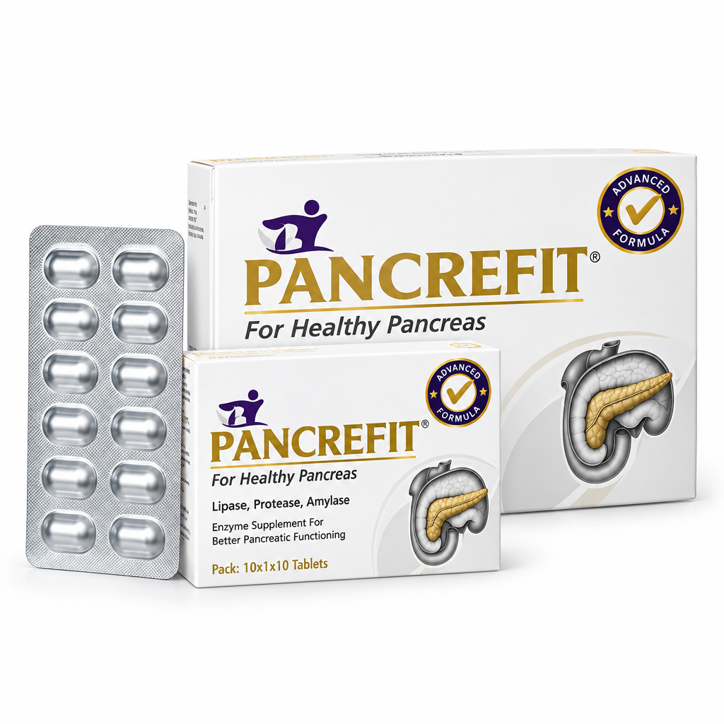 Ecora Pancrefit white and gold carton with tablet blister on a white background