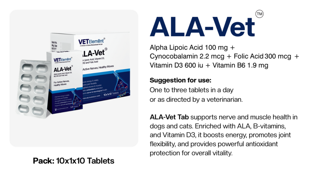 ALA-Vet product information with alpha lipoic acid and vitamin composition