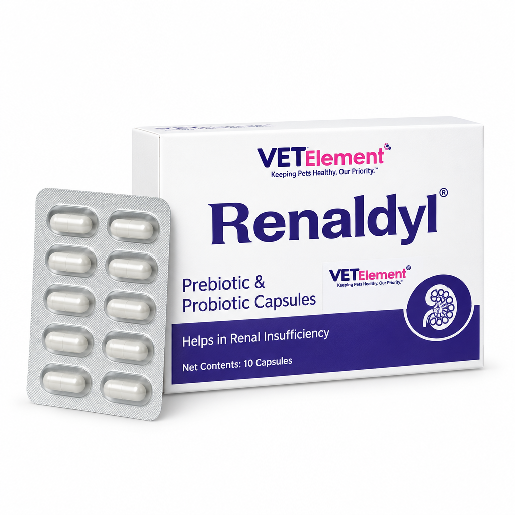 Renaldyl prebiotic and probiotic renal support capsule carton and blister