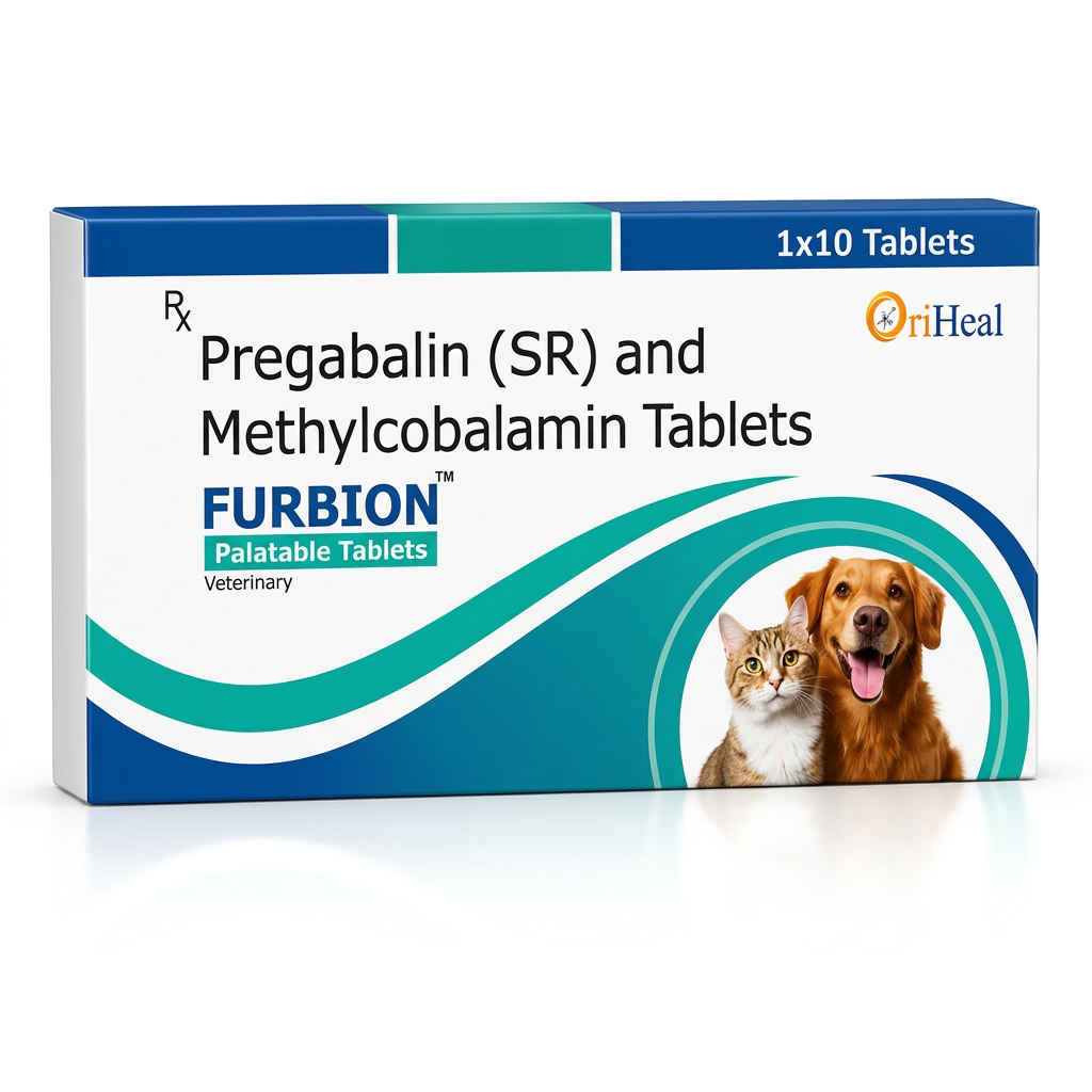 Oriheal Furbion pregabalin and methylcobalamin tablet carton on a white background, based on existing product artwork
