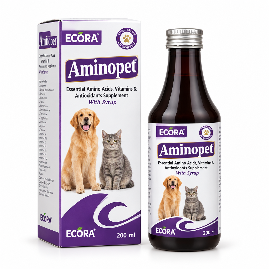 Ecora Aminopet syrup 200 ml dark bottle and purple white carton on white background