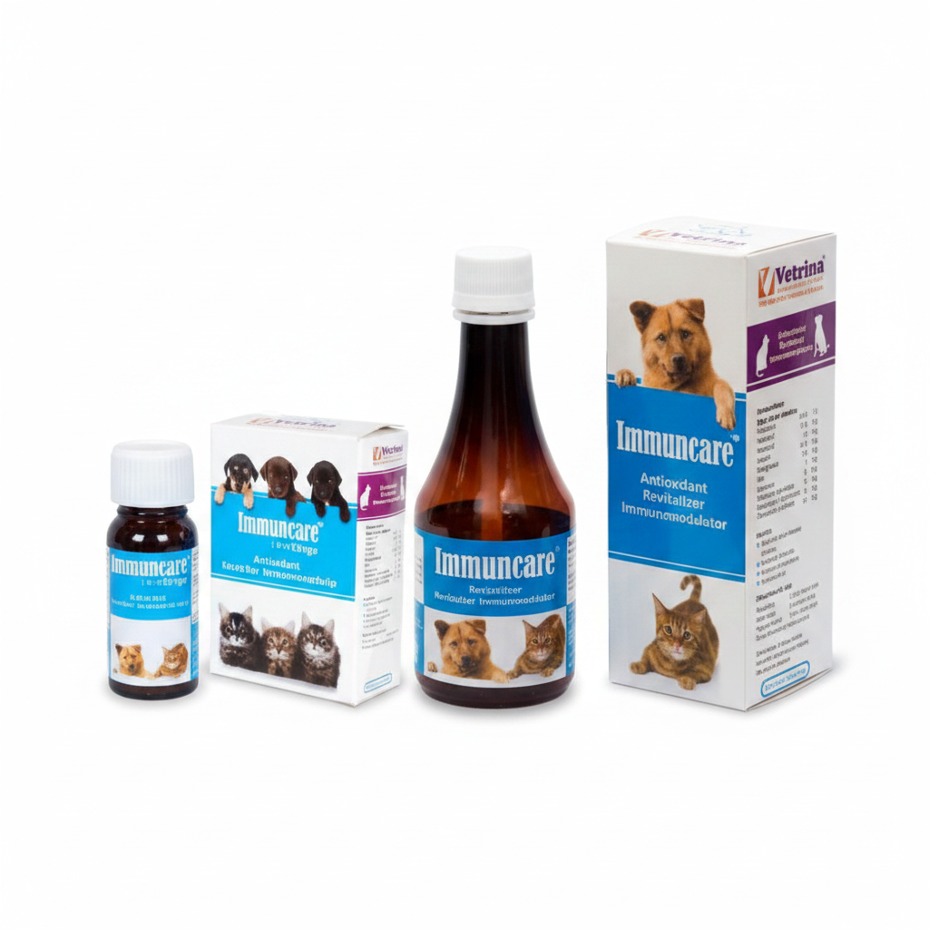 Immuncare pet supplement - 30ml drops and 200ml syrup on white background