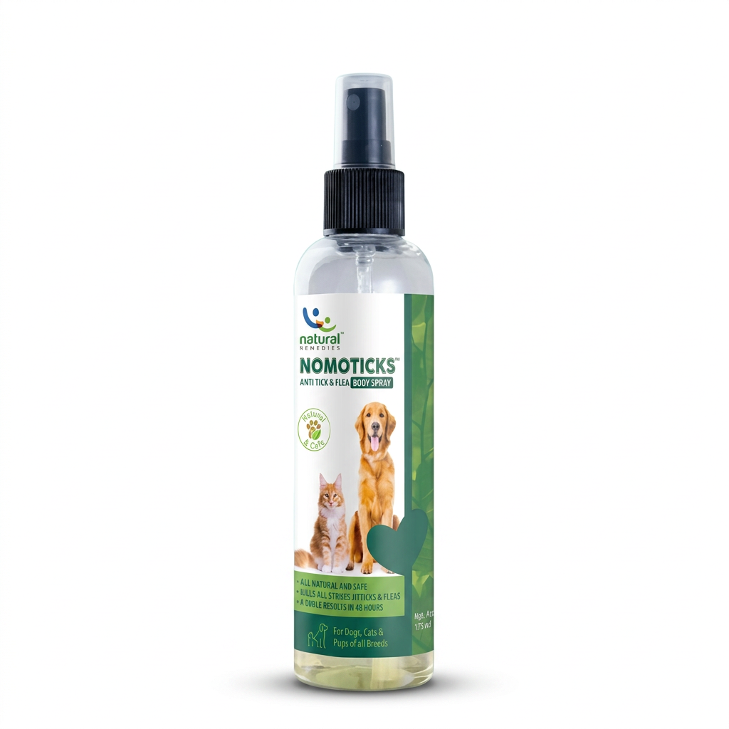 Natural Remedies Nomoticks body spray bottle with green and white label on a white background