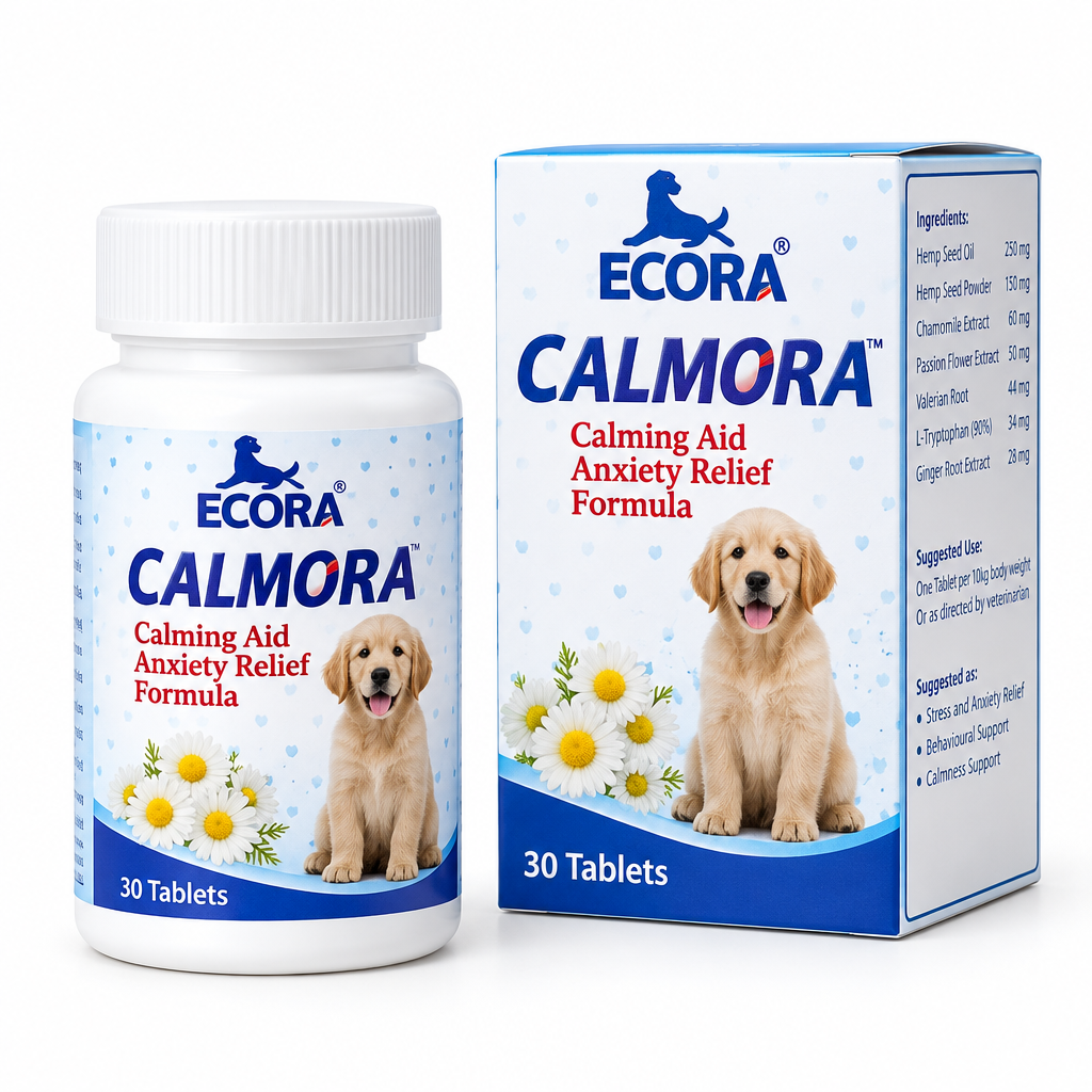 Ecora Calmora 30-tablet jar and carton on a white background