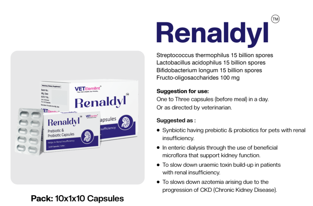 Renaldyl capsule product information showing probiotics and fructo-oligosaccharides