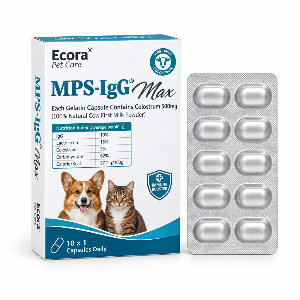 Ecora MPS-IgG Max capsule carton and blister on white background