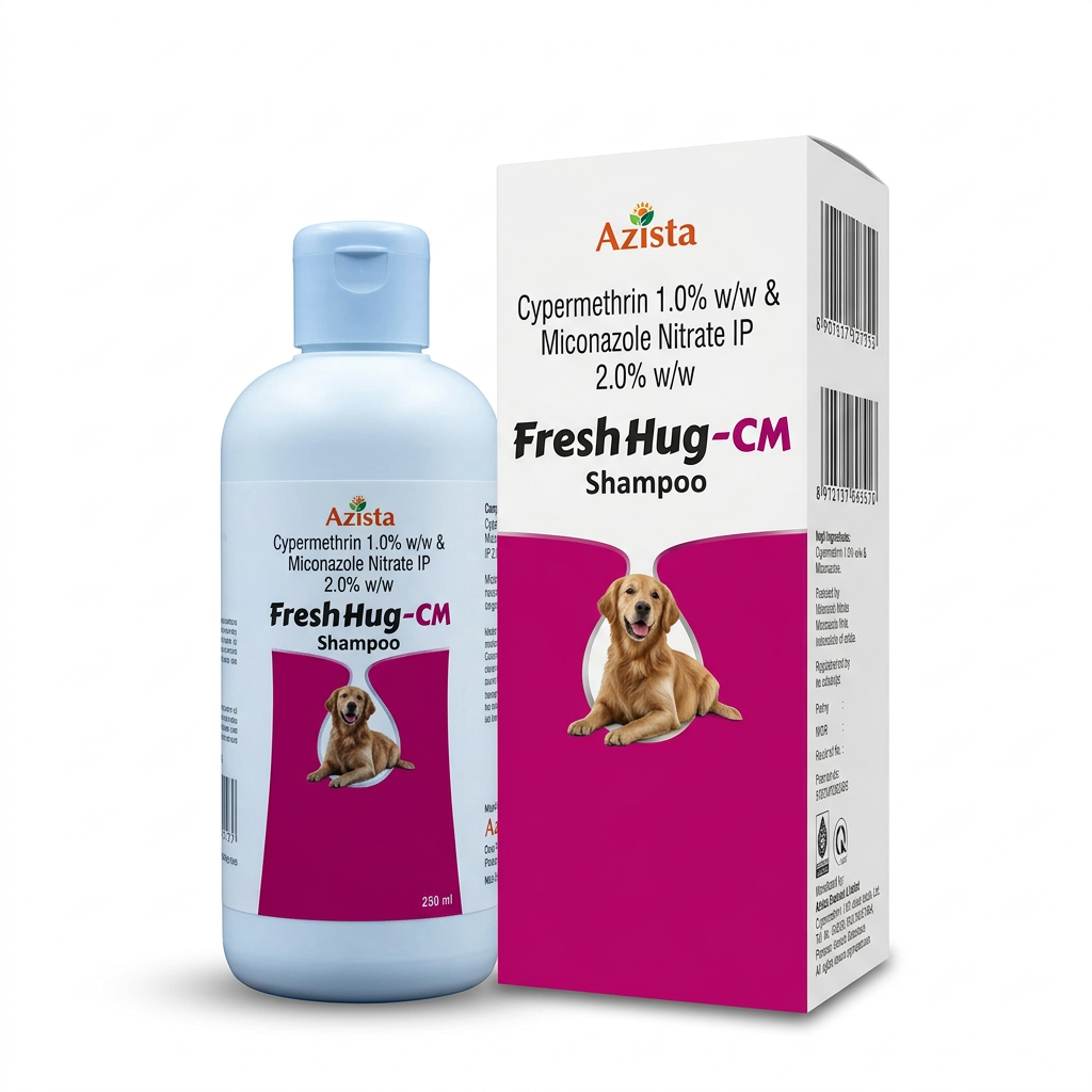 Azista FreshHug-CM cypermethrin and miconazole shampoo 250 ml bottle and carton on white background