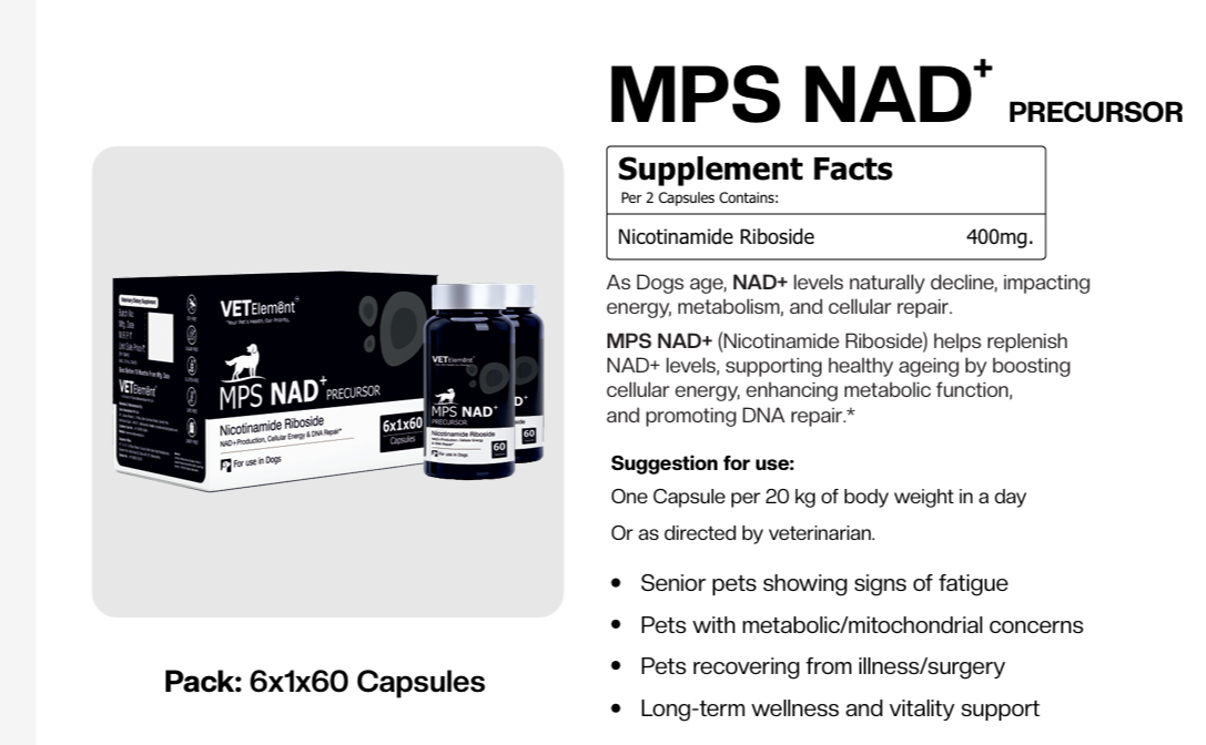 MPS NAD+ Precursor supplement facts and veterinary-use information