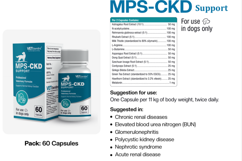 MPS-CKD Support dog-only supplement composition per two capsules and suggested use