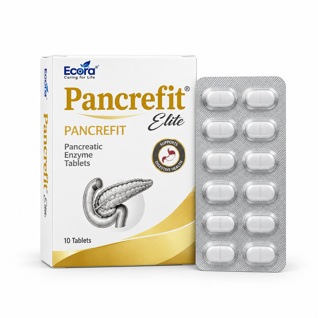 Ecora Pancrefit standard white and gold carton and tablet blister on white background