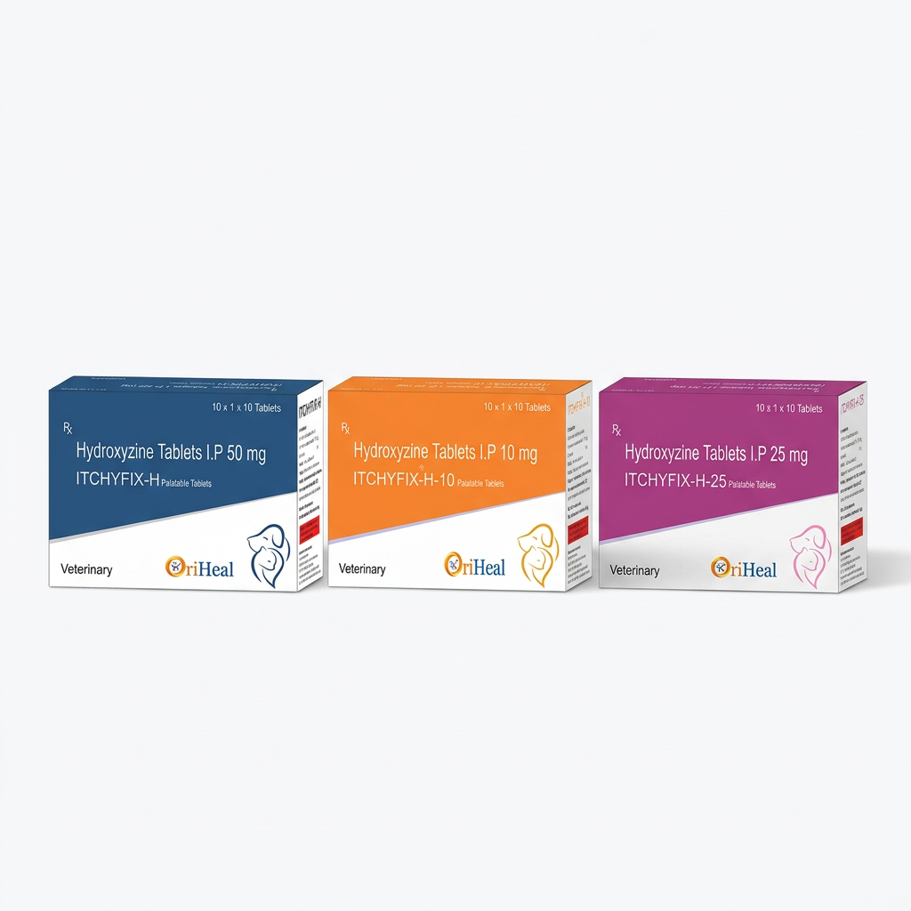 Oriheal Itchyfix-H hydroxyzine tablet cartons in 50mg, 10mg and 25mg strengths on a white background