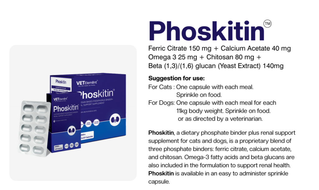 Phoskitin product information for dogs and cats showing ingredients and meal-time directions