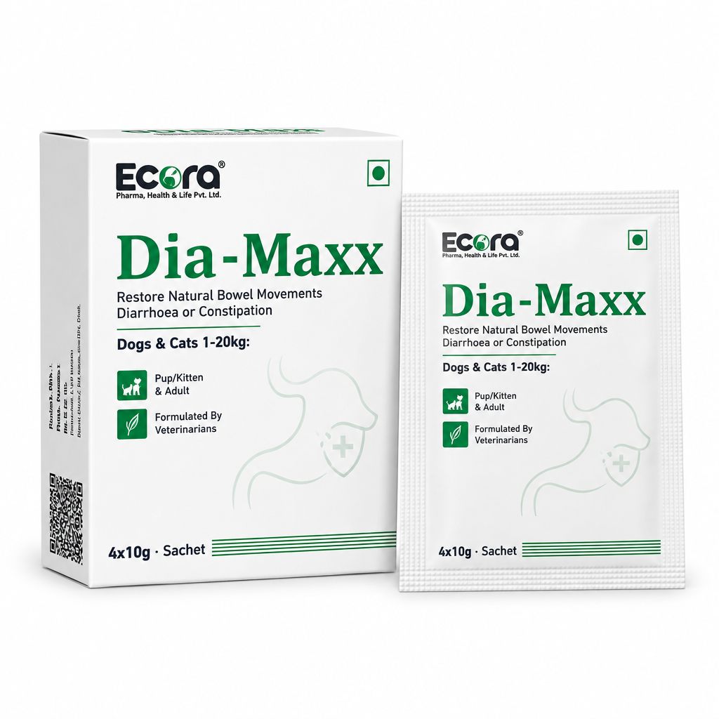 Ecora Dia-Maxx digestive support carton and 10g sachet for dogs and cats